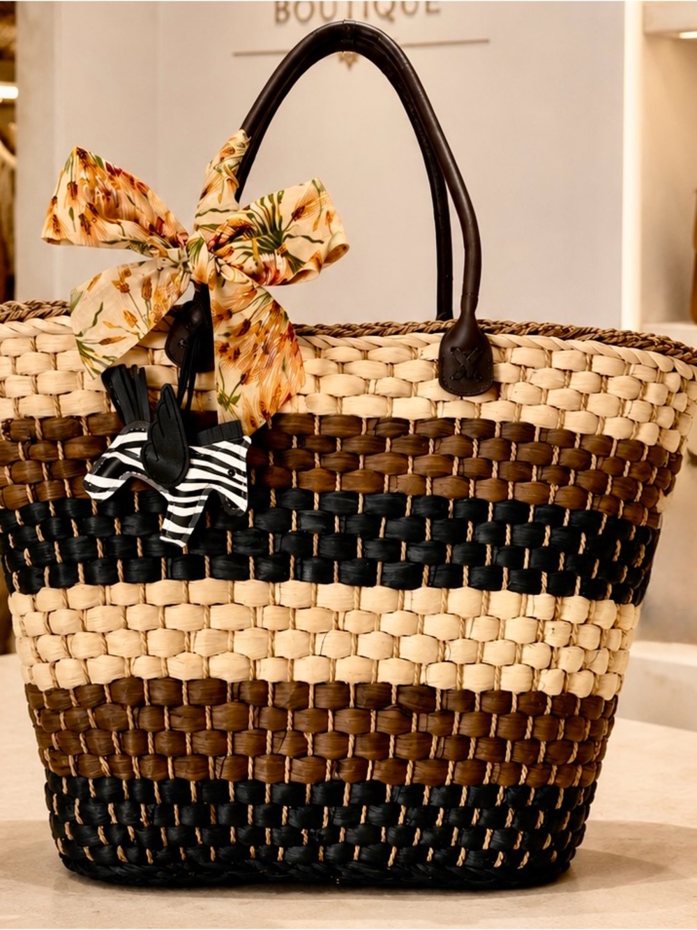 Luxury Raffia Straw Tote Striped Resort Purse w/ Pegasus Charm & Bow